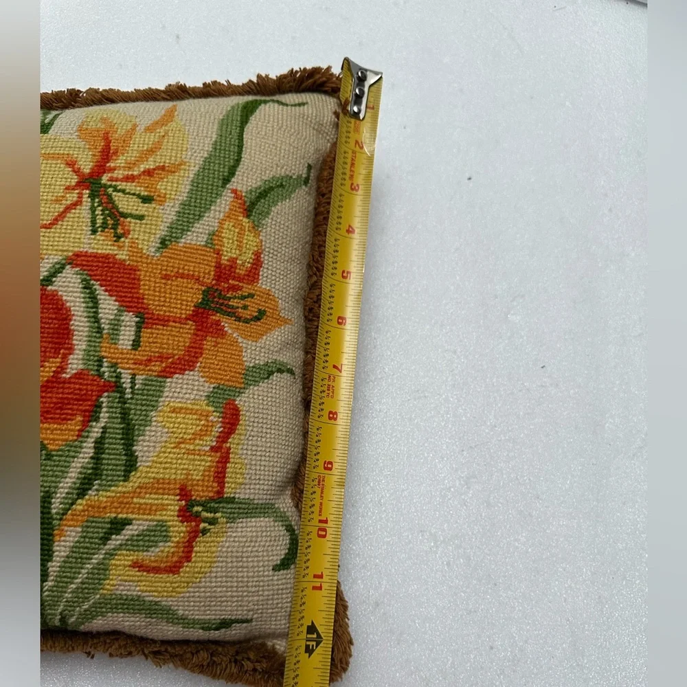 Vintage Needlepoint Tapestry Flower Design Throw Pillow with Fringe 13” x 13”